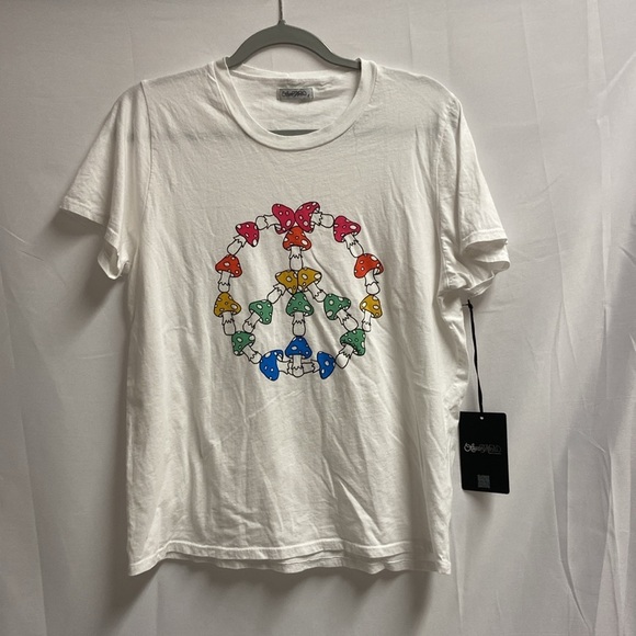 Lauren Moshi Mushroom Peace Sign Short Sleeve Tee White Size Large NWT - Picture 1 of 5